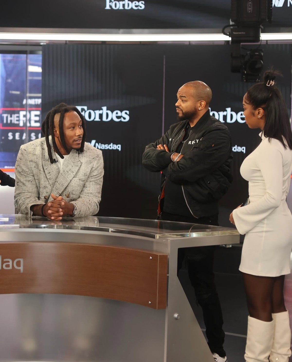 REVOLT CEO Detavio Samuels and Brandon Marshall on media day at Nasdaq